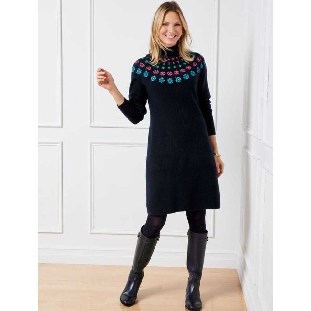 Talbots Plus Navy Pink Floral Embroidered Yoke‎ Sweater Dress Size 1X
